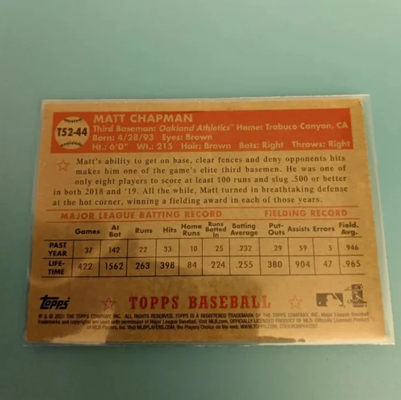 Two! Autographed Matt Chapman cards. 2021 Topps series one, 2022 Panini - Picture 5 of 5